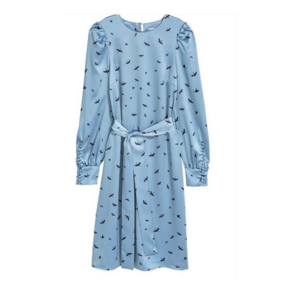 H&M Retro 70s Crane Silky Button Sleeve Belted Midi Dress - Picture 2 of 16